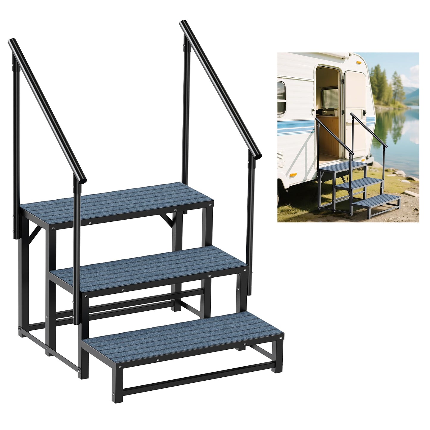 RV Steps with 2 Handrail, 3-Step Heavy Duty Hot Tub Steps, Non-Slip Outdoor Spa Steps for RV, Camper, Trailer, Mobile Home, Porch, Portable Ladder Stairs with Anti-Slip Mats (3 Steps with 2 Handrail)