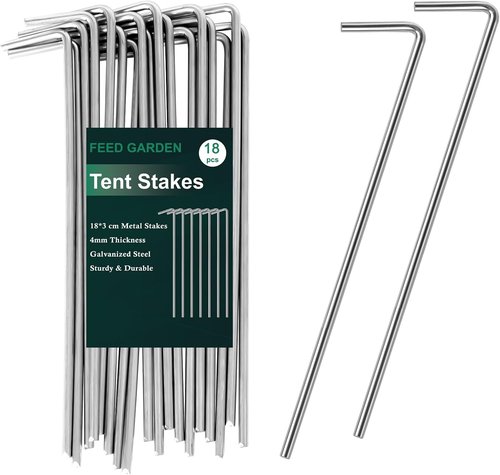 Feed Garden 7-Inch Heavy-Duty Tent Stakes - 18 Pack Metal Pegs for Outdoor Decor & Camping