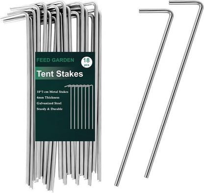 Feed Garden 7-Inch Heavy-Duty Tent Stakes - 18 Pack Metal Pegs for Outdoor Decor & Camping