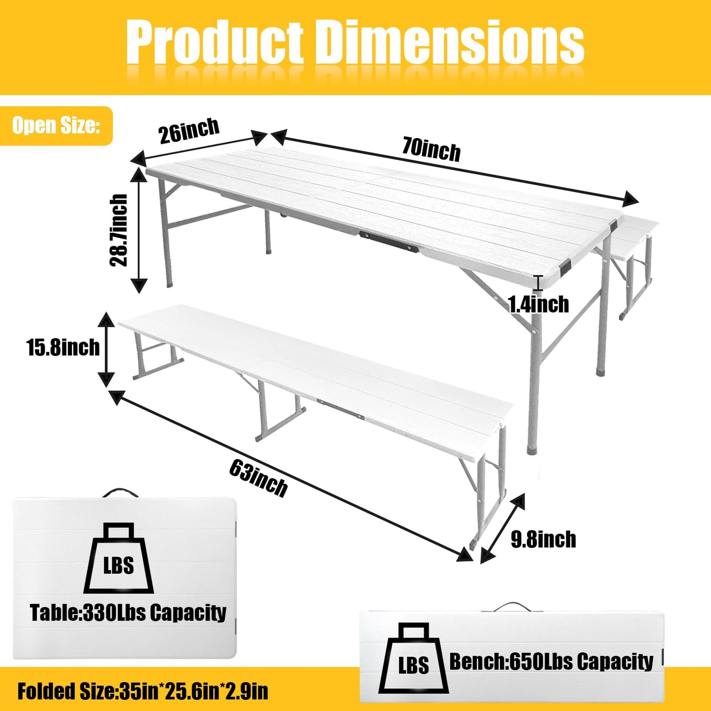 GUAGUA 6ft Picnic Folding Table with Benches, Foldable Portable Camping & Patio Table for Outdoor Dining, Beach, Tailgate, Backyard Parties(White)