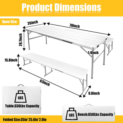 GUAGUA 6ft Picnic Folding Table with Benches, Foldable Portable Camping & Patio Table for Outdoor Dining, Beach, Tailgate, Backyard Parties(White)