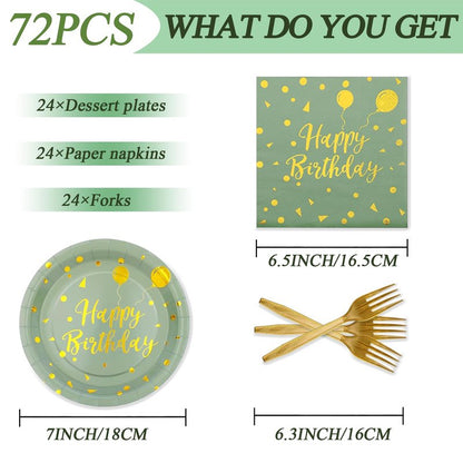72PCS Happy Birthday Paper Plates - Sage Green and Gold Tableware Set Include 7Inch Paper Plates 6.5 Inch Napkins and 6.3 Inch Forks Disposable Decoration Supplies for Birthday Party,Serve 24