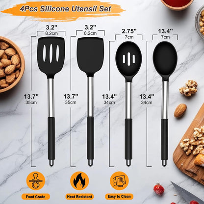 Yoehka Silicone Cooking Utensils Set - 4-Piece Heat Resistant Kitchen Tools for Nonstick Cookware | Black