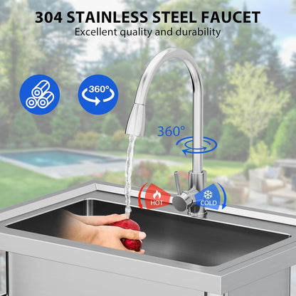 ExploreHorizon 28"x20"x34" Stainless Steel Utility Sink, Freestanding Single Bowl with Hot & Cold Water Faucet, Commercial Kitchen Laundry Bathroom Garage Garden Sink