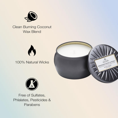 Voluspa Makassar Ebony & Peach, Mini Tin Candle, 4 oz, 25 Hour Burn Time, Coconut Wax for Clean Burning, Handcrafted in the USA