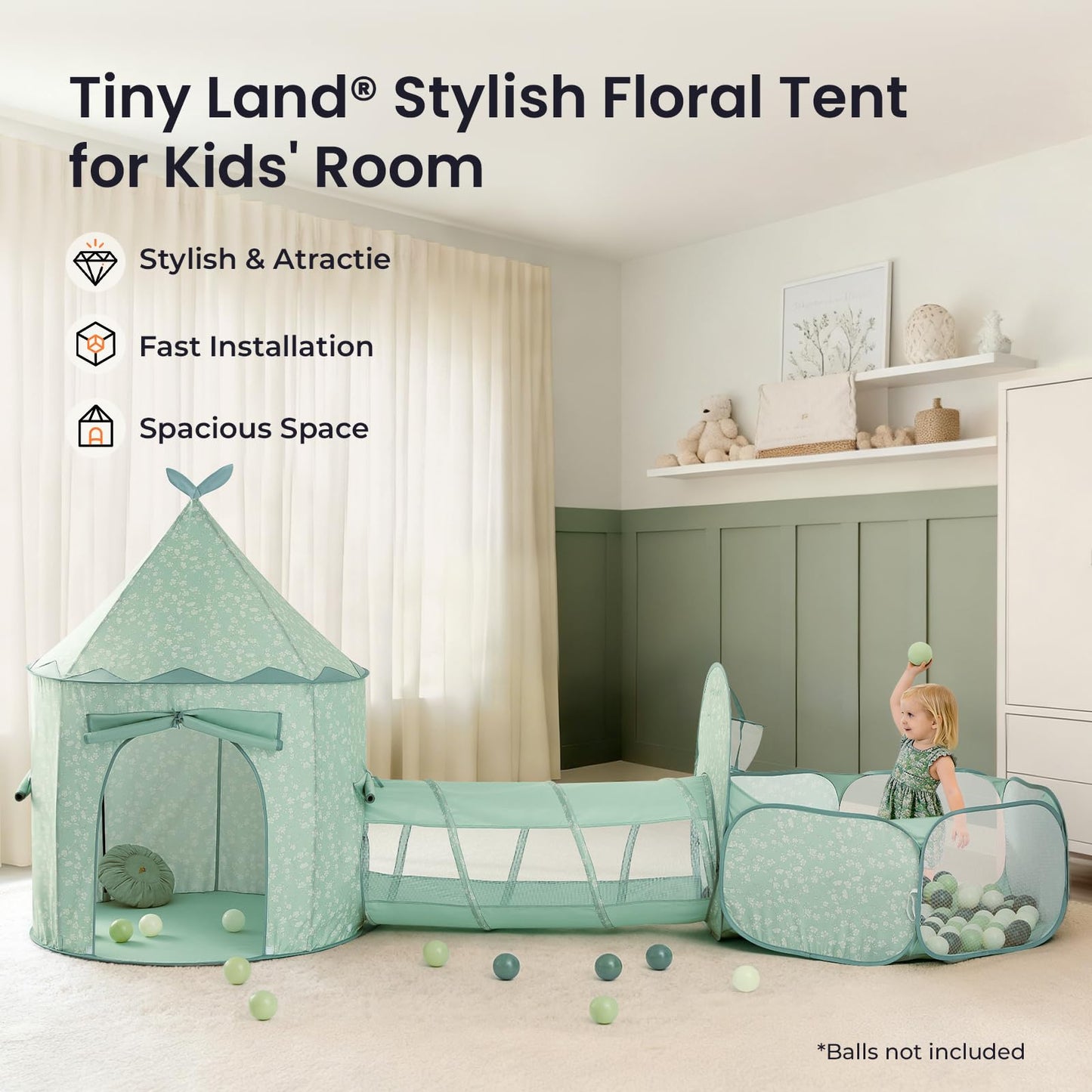 Tiny Land Play Tunnel and Ball Pit for Toddlers, 5pcs Indoor Playground - Foldable Pop Up Tents with Carry Bag, 3-in-1 Kids Play Tunnel with Ball Pit & Tent, Pop Up Crawl Tunnel for Toddlers