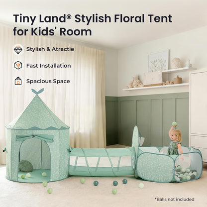 Tiny Land Kids Tent with Mat and Star Lights, 3-in-1 Kids Green Play Tunnel with Ball Pit & Tent
