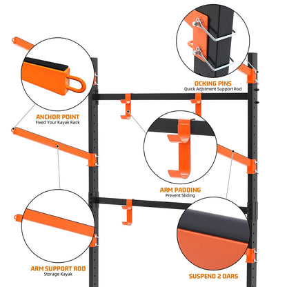 UOKRR 4 Kayak Storage Rack, Freestanding Kayak Racks for Garage, Heavy Duty Adjustable Kayak Stand Indoor Outdoor Storage Rack for Kayaks, Canoes, Surfboard & Paddleboard (4 Levels with paddle hook)
