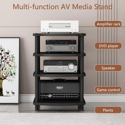 XEOKXOIT 4 Tier AV Media Stand, Audio Rack Tower Adjustable Height, TV Game Console Equipment Shelf, CD Record Player Stereo Component Rack Cabinet for Home Theater Studio (Black)