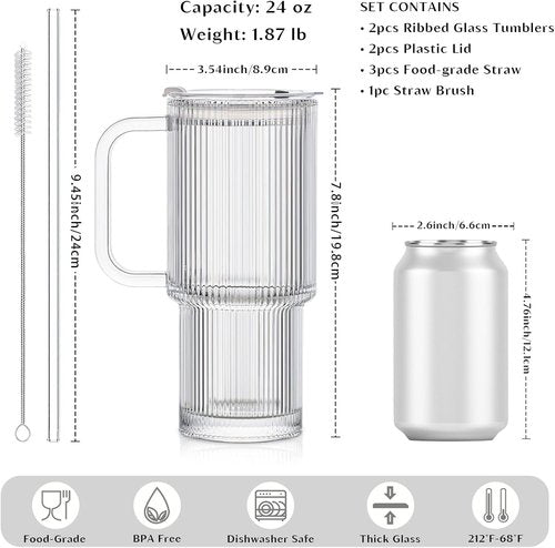 INSETLAN 24oz Ribbed Glass Tumbler Set - 2-Pack Large Iced Coffee Cups with Straws & Lids | Modern Travel Mugs for Cold & Hot Beverages