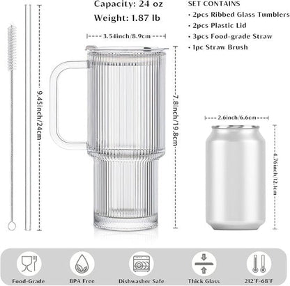 INSETLAN 24oz Ribbed Glass Tumbler Set - 2-Pack Large Iced Coffee Cups with Straws & Lids | Modern Travel Mugs for Cold & Hot Beverages