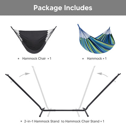 SUNCREAT 2-in-1 Hammocks Hammock Chair with Stand, 475 lbs Capacity, Heavy Duty Two Person Hammock with Stand, Patented, Blue Stripe