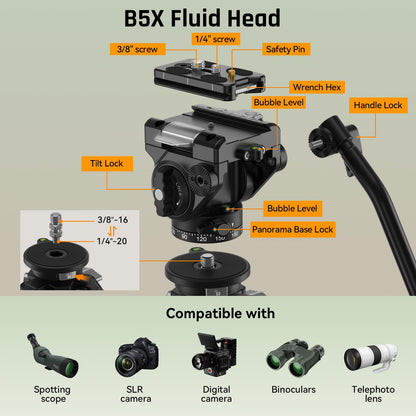 SPORTICH SP124+BX5 Optics Carbon Fiber Tripod with Fluid Pan Head, 62.2" Travel Tripod with Center Column, Binocular Adapter, for Binoculars, Spotting Scopes, Cameras, Max Load 26lbs