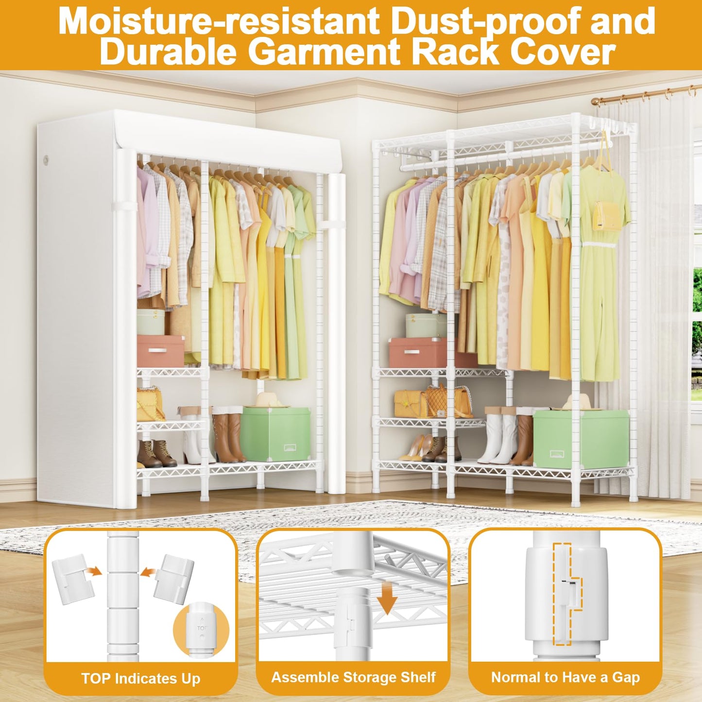 Ulif F4C Heavy Duty Clothes Rack with Dustproof Cover，Freestanding Clothing Racks for Hanging Clothes，Adjustable Closet Organizer System，Portable Garment Rack 45"W*15.8"D*71.3"H，Max Load 600LBS，White