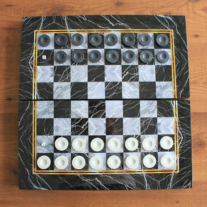 Park&ampOz Premium Turkish Backgammon and Checkers Set 19 Inch Handmade 2 in 1 Wooden Board Game with Glossy Finish Luxury Checkers and Dice Travel Friendly and Foldable (Black Marble)