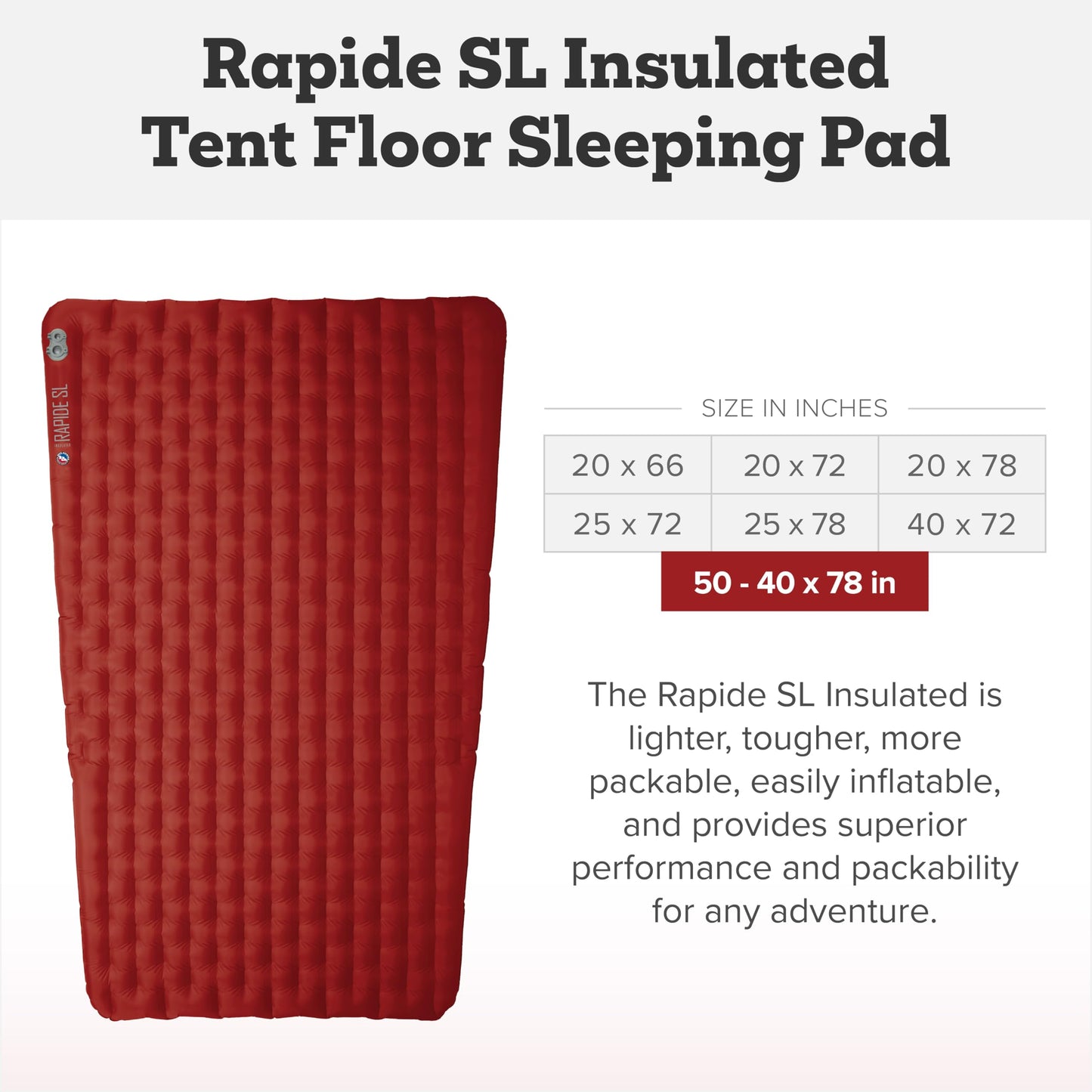 Big Agnes Rapide SL - Insulated Sleeping Pad, Ultralight, All Season Compact Backpacking and Hiking, Pumphouse Sack Included, Orange, 50x78 Tapered