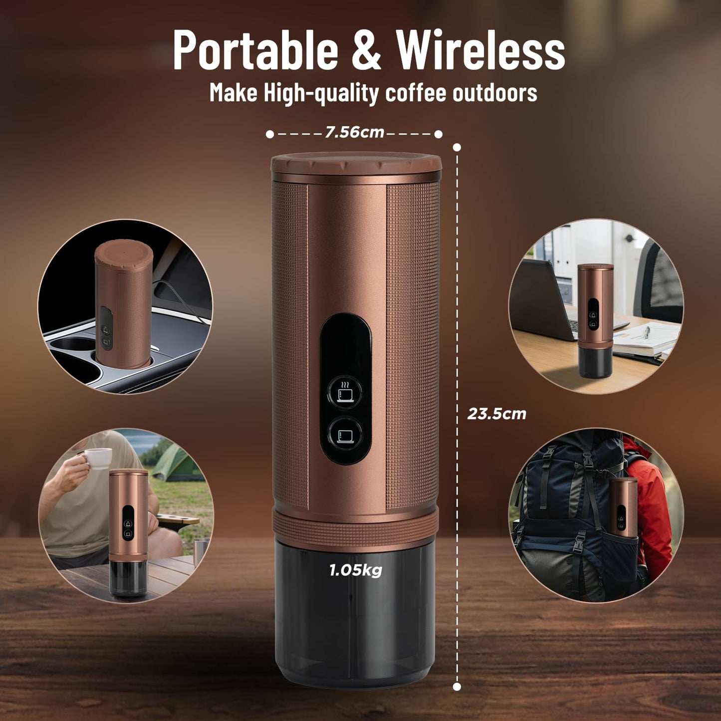 FANSHAIN Portable Coffee Machine: Electric Espresso Machine - Portable Coffee Maker for Travel - Rapid Heating - 8 Cups of Coffee Per Full Charge - Compatible with Nespresso Capsules - Brown