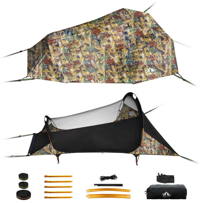 Night Cat Flat Lay Hammock Tent: Portable Lightweight Camping Hammock with Mosquito Net Waterproof Rainfly for Adults 1 Person Outdoor Camping Camouflage