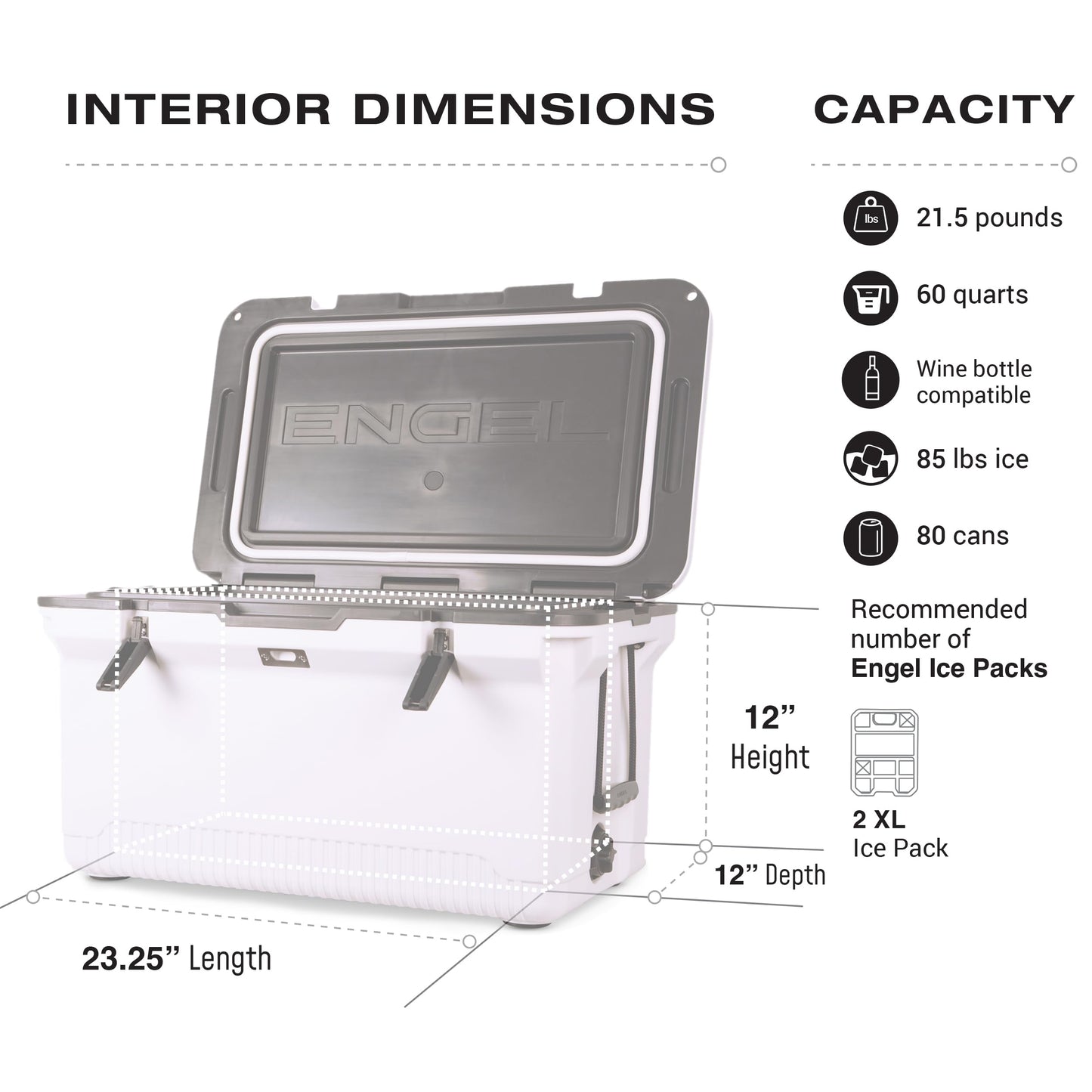ENGEL 60 QT Ultra-Light Injection Molded Cooler - Ice Chest Keeps Ice up to 7 Days - Large Cooler Includes Wire Basket, Divider and Built-in Bottle Opener - Gray with Dark Grey Interior (Haze Grey)