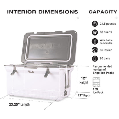 ENGEL 60 QT Ultra-Light Injection Molded Cooler - Ice Chest Keeps Ice up to 7 Days - Large Cooler Includes Wire Basket, Divider and Built-in Bottle Opener - Gray with Dark Grey Interior (Haze Grey)