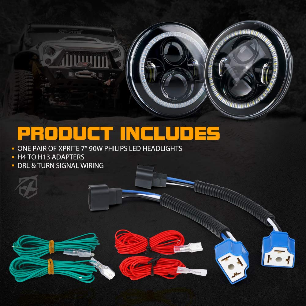 Xprite LED Headlights w/Hi&Lo Beam and Turn Signal Light, DRL Halo Ring Headlamp Compatible with Jeep Wrangler JK TJ LJ 1997-2018, DOT Approved 90W LED Chip