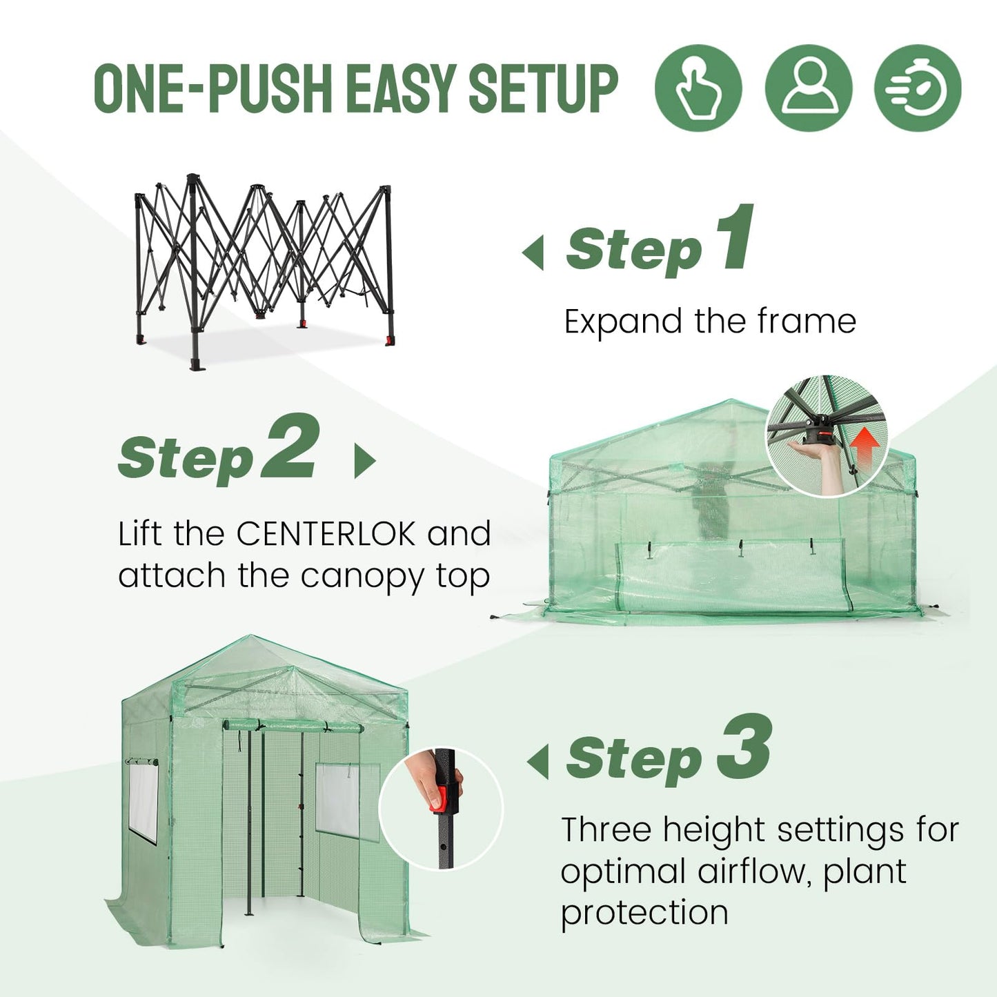 CROWN SHADES 8x6 Walk-in Greenhouse,Pop Up Portable Greenhouse with Center Lock One Push Instant,Outdoor Greenhouse Kit with Roll-Up Door,Mesh Windows&Adjustable Height for Backyard Garden（Green）