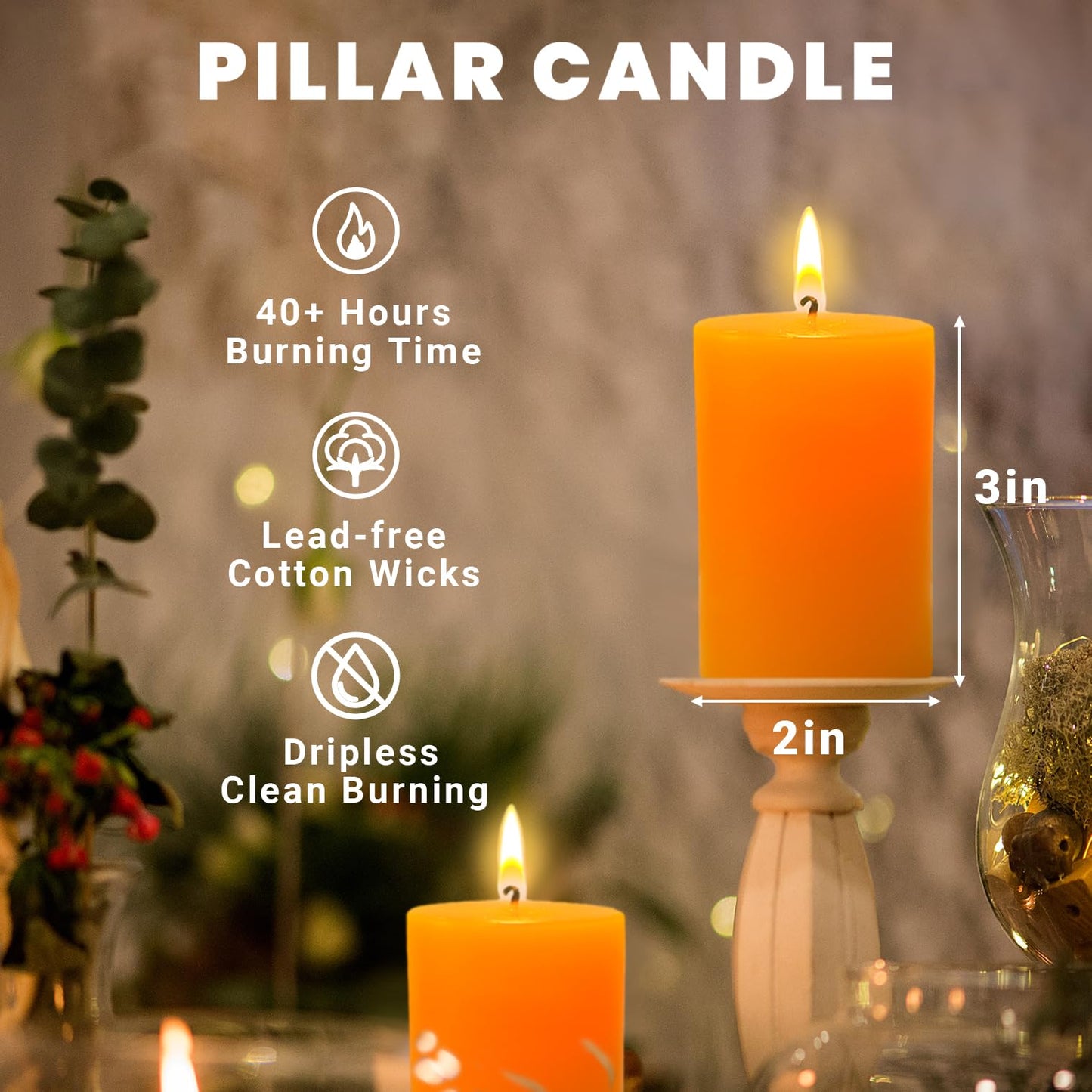 6 Pack 2x3 inch Pillar Candles, Orange Unscented Votive Candle for Celebration Home Decoration, Dripless and Long Burning Time
