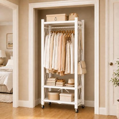 Sharkwave Living Foldable Clothing Rack with Wheels, Portable Folding Clothes Rack Organizer with Shelves and Side Hooks, Collapsible Wardrobe Closet for Bedroom or Laundry Room，White