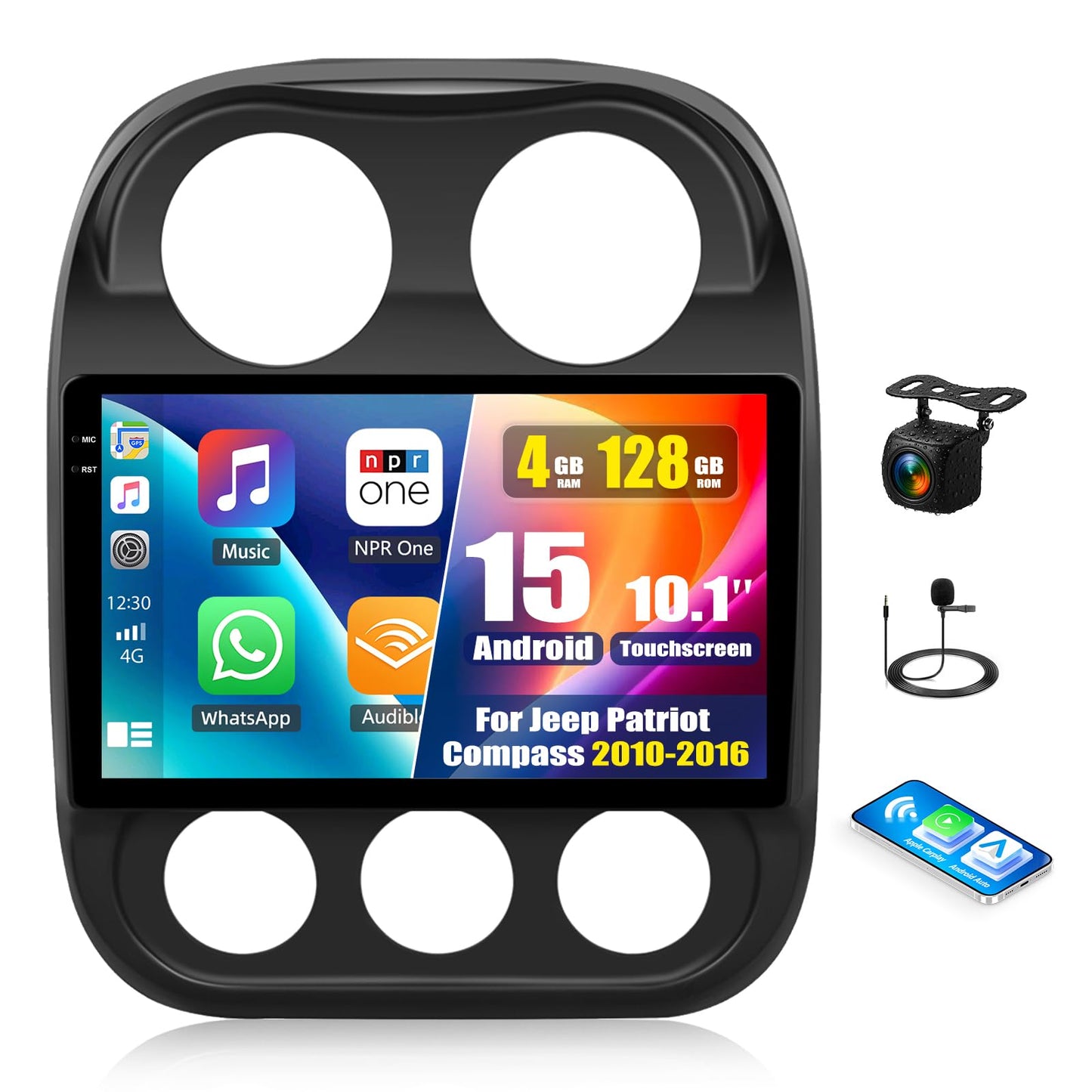 4+128G Android 15 Car Stereo for Jeep Compass Patriot 2010-2016 with Wireless Carplay Android Auto, 10.1 inch 1280 * 720P IPS Touchscreen Bluetooth Car Radio Support GPS WiFi AHD Rear Camera