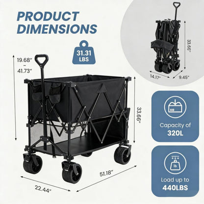 NEWBULIG Large Capacity Wagon Carts Foldable, 440LB Heavy-Duty Double Decker Wagon with All-Terrain Wheels, Portable Storage Shopping Cart for Groceries, Camping, Sports, Beach, Garden