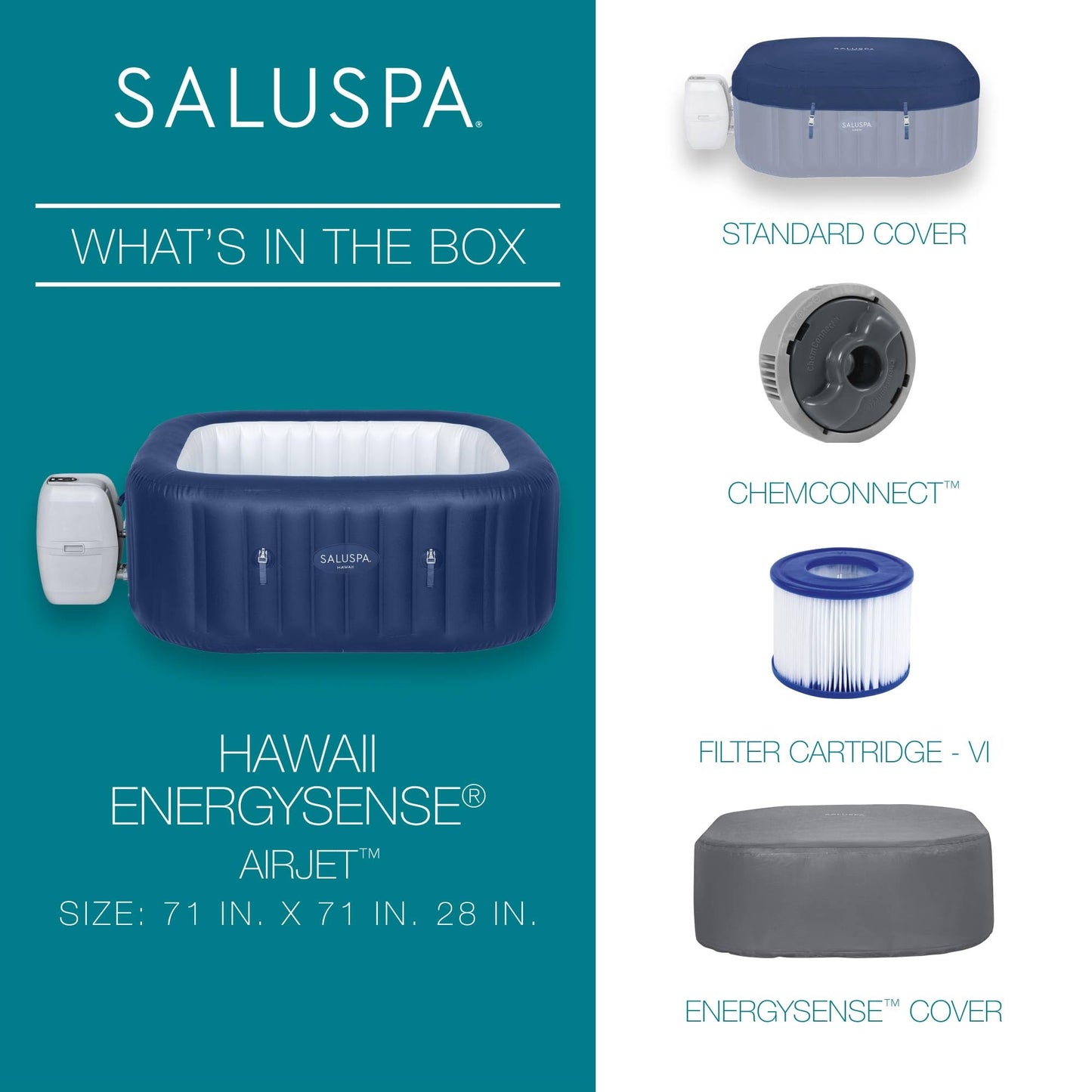 Bestway SaluSpa Hawaii AirJet 4 to 6 Person Inflatable Hot Tub Square Portable Outdoor Spa with 140 AirJets and EnergySense Energy Saving Cover, Blue