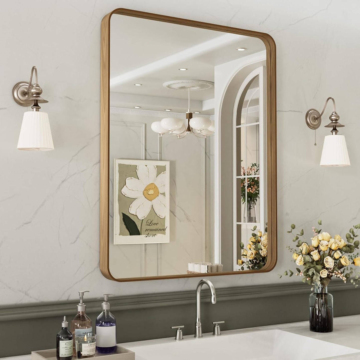 LOAAO Bathroom Mirror - 24x32 Inch Rounded Rectangle with Wood Grain Metal Frame | Anti-Rust, Versatile Hanging Options