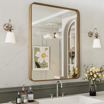 LOAAO Bathroom Mirror - 24x32 Inch Rounded Rectangle with Wood Grain Metal Frame | Anti-Rust, Versatile Hanging Options