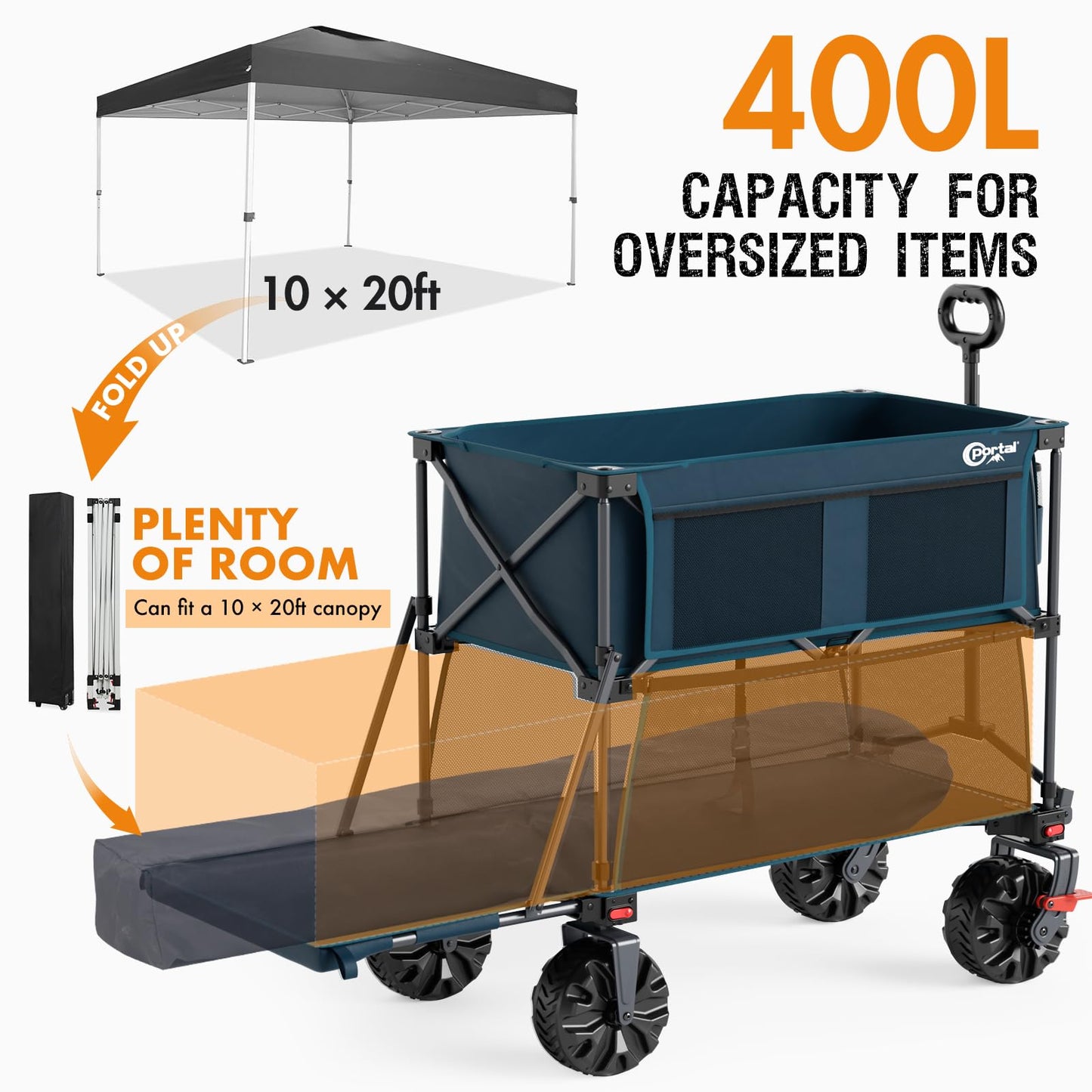 Portal Collapsible Large Double Decker Wagon with Brakes, 660lb Foldable Heavy Duty Utility Wagon Cart, 400L All-Terrain Big Wheels & 54" Extra Long Extender for Sports, Camping & Outdoor Use