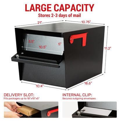 Large Locking Mailbox for Outside, RAINHOL All-Metal Modern Security Mailbox with 2 Keys, 21" x 11.2" x 10.5", Black