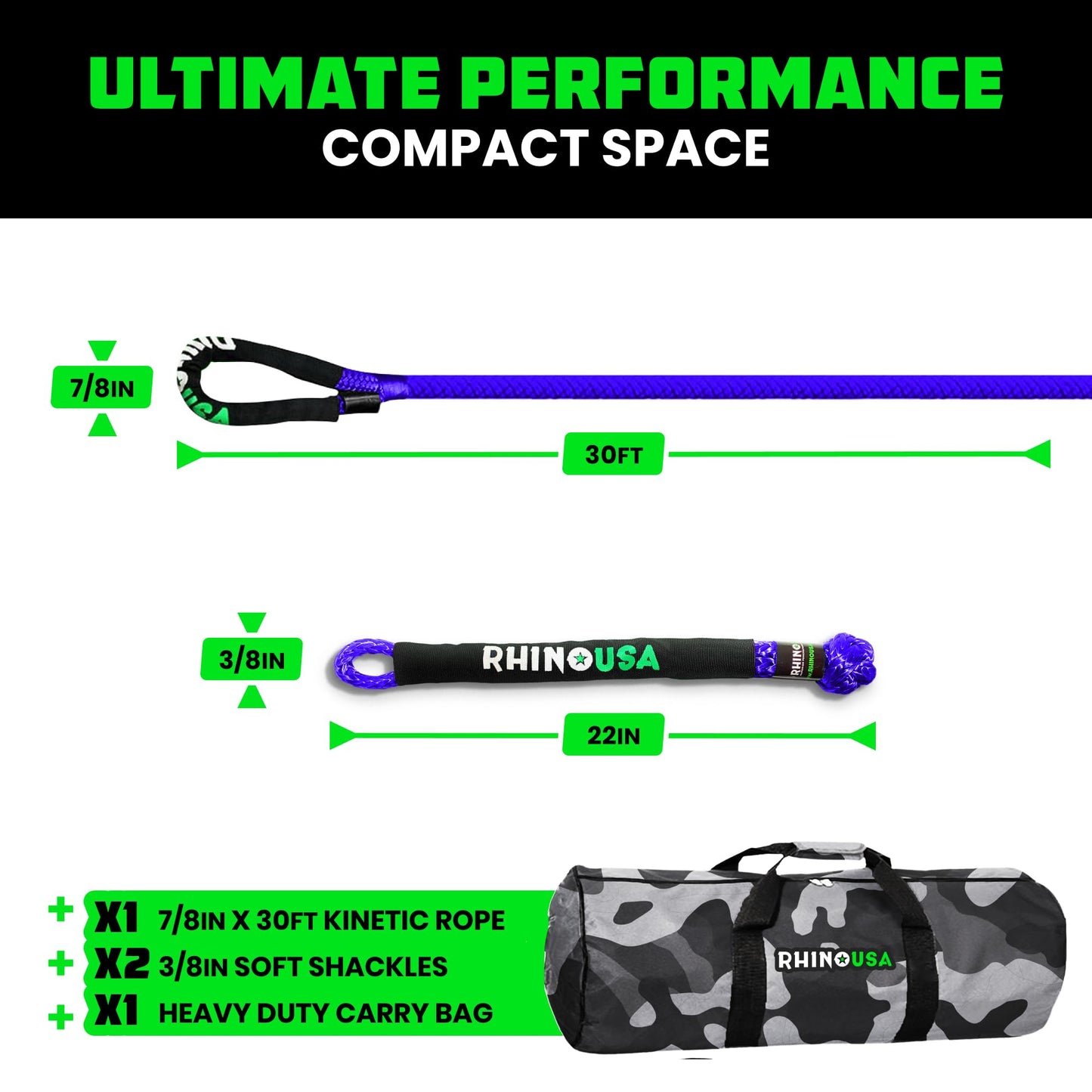 Rhino USA Kinetic Rope Recovery Kit (7/8in x 30ft) - Heavy Duty Offroad Snatch Strap - Includes 2 Soft Shackle for UTV, ATV, Truck, Car, Jeep, Tractor