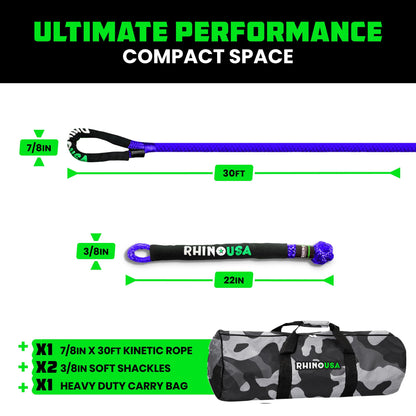 Rhino USA Kinetic Rope Recovery Kit (7/8in x 30ft) - Heavy Duty Offroad Snatch Strap - Includes 2 Soft Shackle for UTV, ATV, Truck, Car, Jeep, Tractor