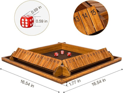Upgraded 16.54’’ Shut The Box Dice Game with 15 Numbers for 1-4 Players Large Wooden Board Math Game 16 Dices Tabletop Games Kids Adults Family Party Birthday