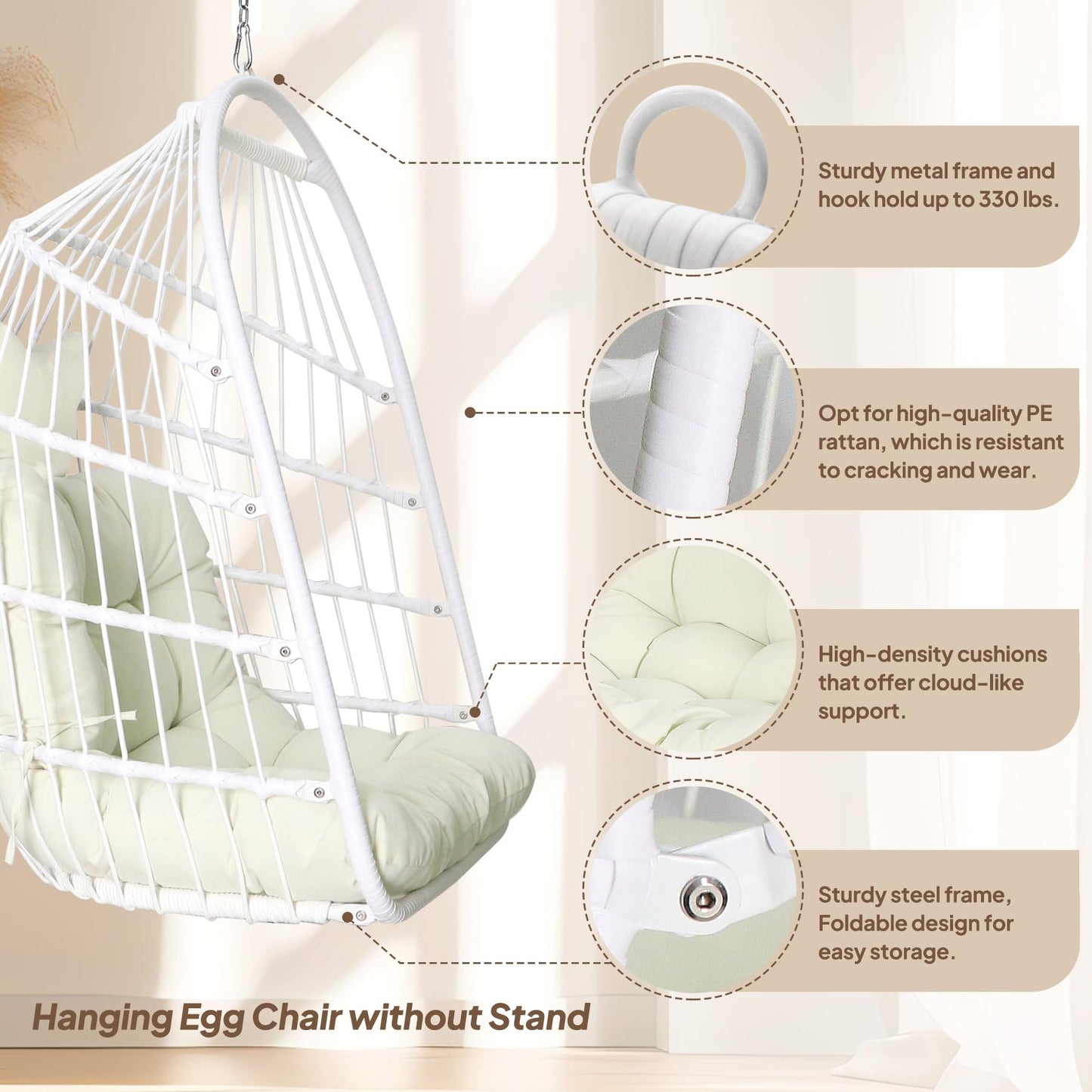 Chihee Egg Chair Foldable Wicker Rattan Hanging Swing Chairs Indoor Outdoor Patio Wicker Chair Hammock Chair with Stainless Steel Hanging Kit Chain Link UV Resistant Cushion Bedroom Balcony