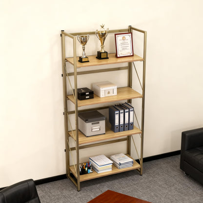 Kogven Folding Bookshelf, 2-in-1 Convertible Design, Multifunctional Plant Stand Storage Rack Shelves for Home Office, Easy Assembly, 4-Tier,Gold & Nature Wood