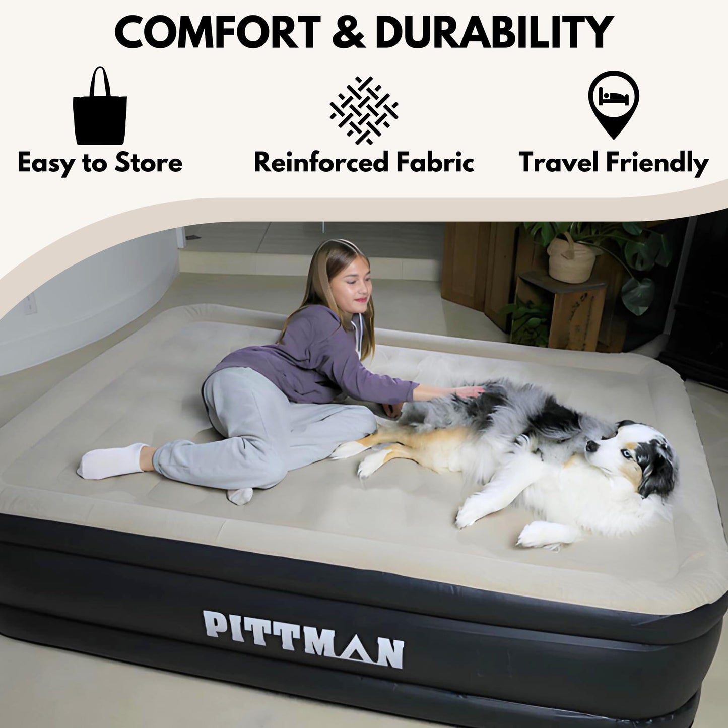 Pittman Outdoors Queen Air Mattress – 20” Deluxe Blue Double High, Queen Air Mattress with Built in Pump, 600lb Capacity, Portable Inflatable Bed with Carry Bag, Blow Up Mattress for Home & Travel