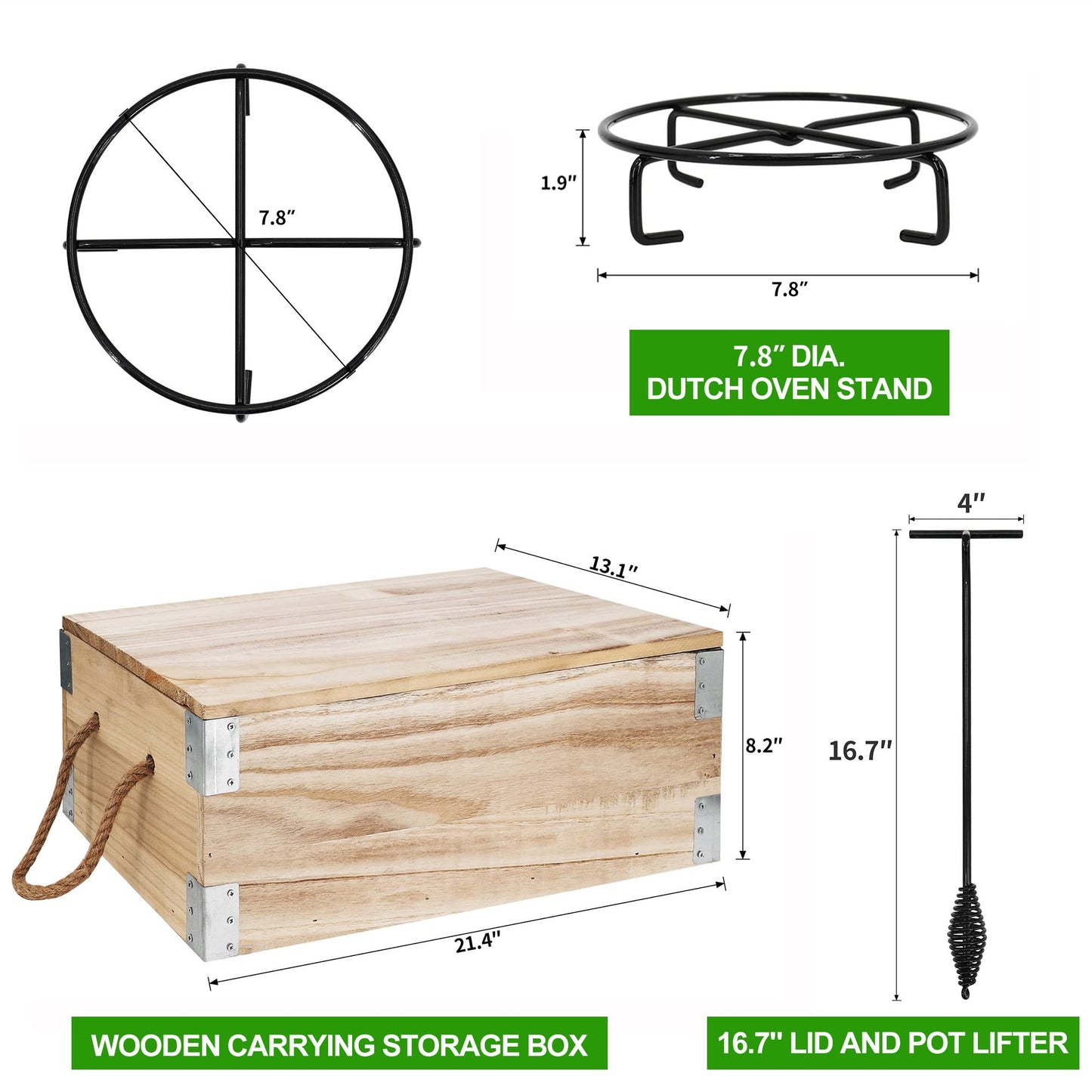 8 Piece Pre-Seasoned Dutch Oven Cooking Set Cast Iron Camping Kitchen Cookware Bakeware Skillets & Square Grill Pan w/Vintage Carrying Wood Box for Ourdoor Home BBQ Baking