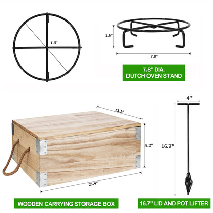 8 Piece Pre-Seasoned Dutch Oven Cooking Set Cast Iron Camping Kitchen Cookware Bakeware Skillets & Square Grill Pan w/Vintage Carrying Wood Box for Ourdoor Home BBQ Baking