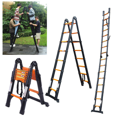 JADDUO Telescoping Ladder A Frame, 16.5 Ft Compact Aluminum Extension Ladder, Portable Telescopic RV Ladder for Outdoor Camper Trips Motorhome with Tool Platform and Stabilizer Bar, 330 lbs，Black