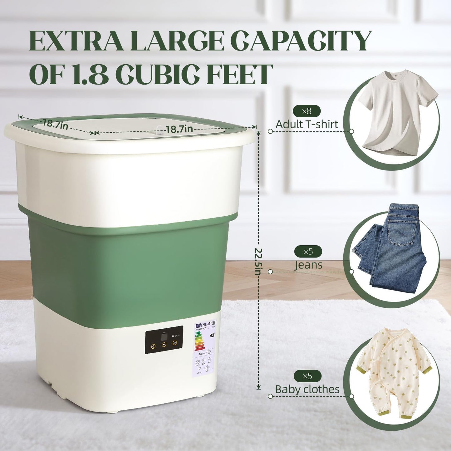 LovHomdecr Portable Washing Machine, 1.8 Cu.Ft Large Capacity Foldable Washer with Spin Basket & 150W Motor, Timer Control for Apartment, RV, Camping & Travel – No Laundry Room Needed (White Green)