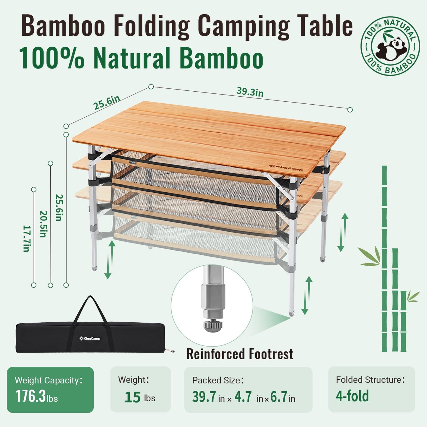 KingCamp Bamboo Folding Camping Table Adjustable. Supports 176lbs with A Premium Bamboo Top and 3 Adjustable Heights, Ideal for Stable Dining or Cooking at Picnics, RVs, and Glamping Sites