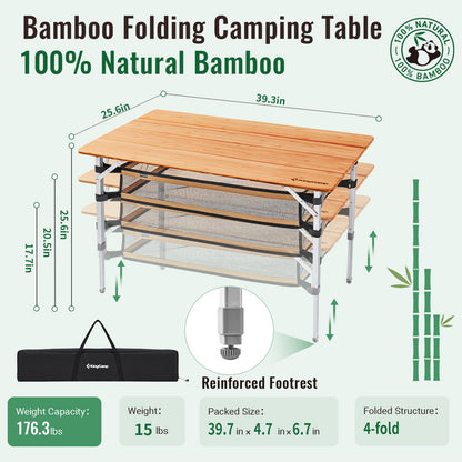 KingCamp Bamboo Folding Camping Table Adjustable. Supports 176lbs with A Premium Bamboo Top and 3 Adjustable Heights, Ideal for Stable Dining or Cooking at Picnics, RVs, and Glamping Sites