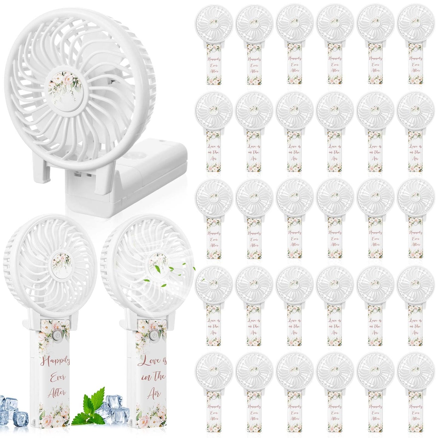 CroBlissful 48 Pcs Mini Wedding Portable Fans for Guests 180° Foldable Electric Pink Flowers Desk Fan Personal Handheld Fans Gifts Bulk for Wedding Bridal Outdoor Summer Desk Office Travel Makeup