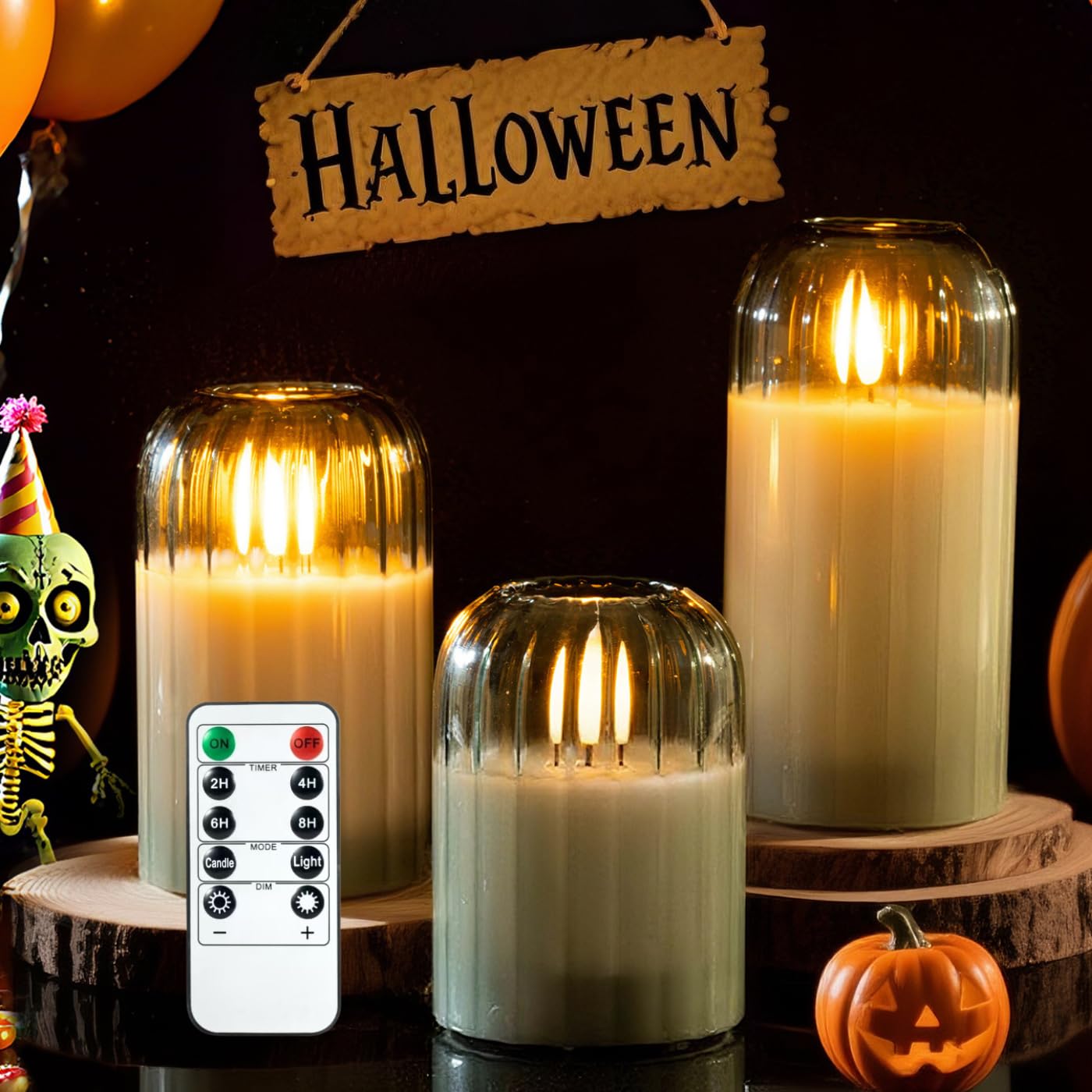 luzzup Glass Ribbed Flameless Candles - Battery Candles with Remote Timer, Green Glass LED Candles with Pumpkin Shape, Warm Light, Lasting 350 Hrs and Brightness Adjustment, Φ 3" H 4" 5" 6", Set of 3
