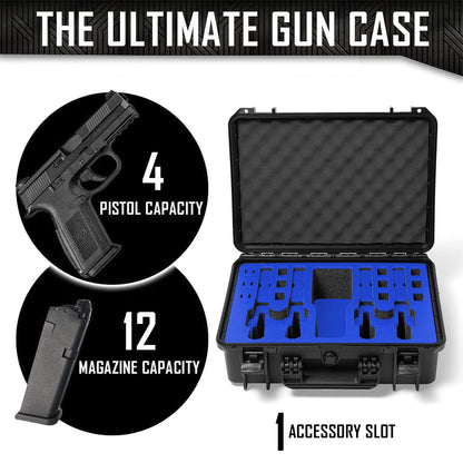 4 Pistol 12 Magazine Doro Gun Case with Custom MyCaseBuilder Foam Insert | Waterproof, Heavy Duty | Tactical Firearms, Ammunition and Accessory Holder | Hard Gun and Magazine Case | 18 x 14 x 7 Inches